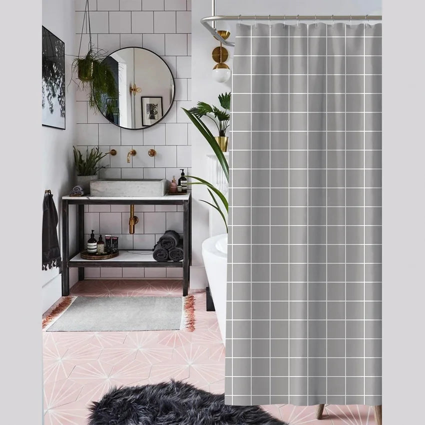 Modern Gray Check Stripe Polyester Waterproof Shower Curtain