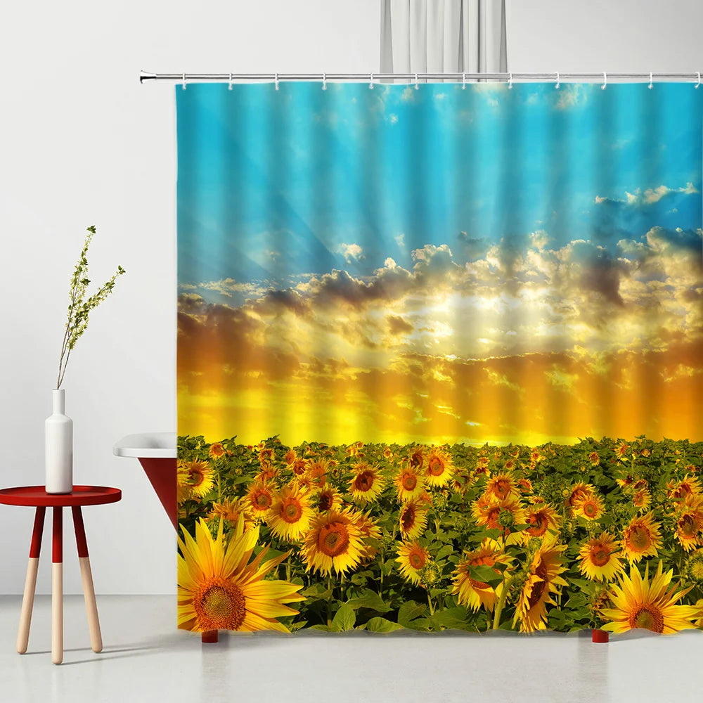 Blooming Sunflower Nature Picture Fabric Shower Curtain - Botanical Elegance-Yellow