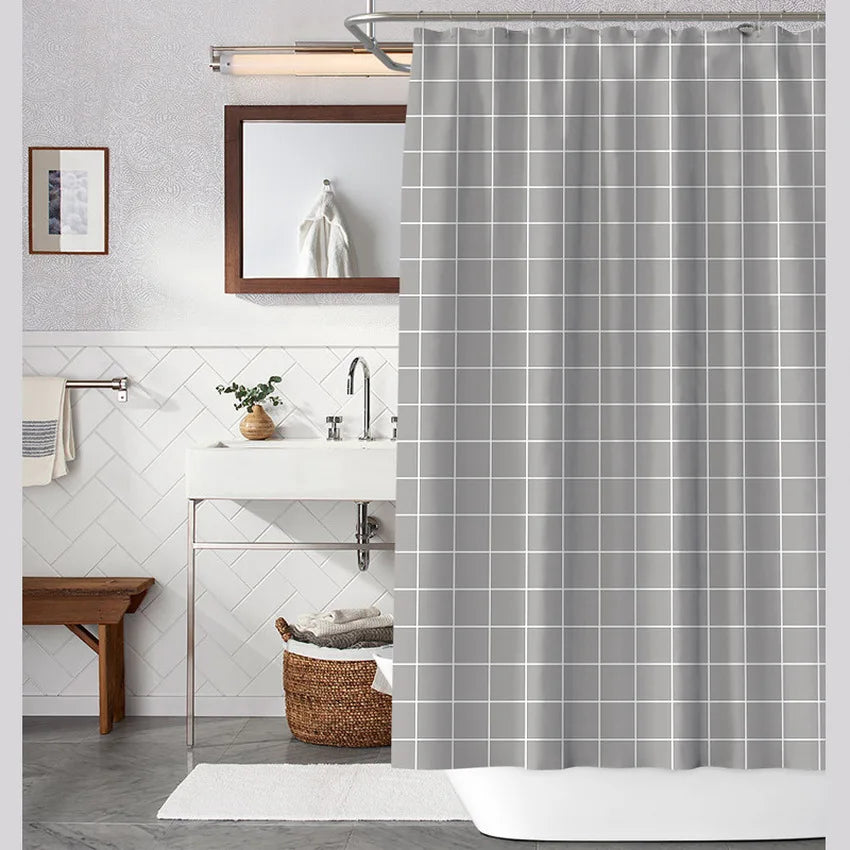 Modern Gray Check Stripe Polyester Waterproof Shower Curtain