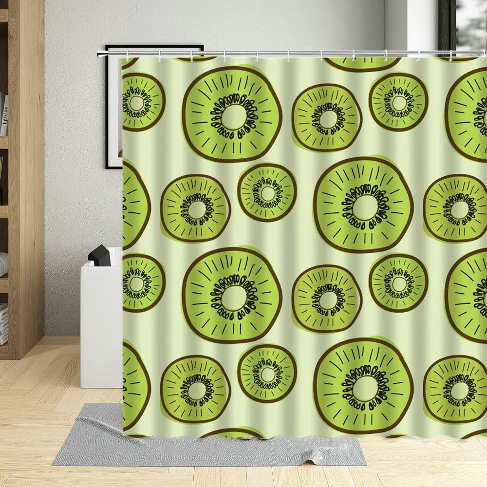 Green Pattern Fabric Waterproof Shower Curtain With Hooks