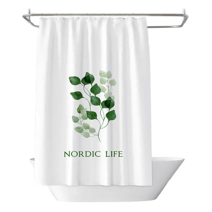 White Plant Pattern Polyester Waterproof Shower Curtain