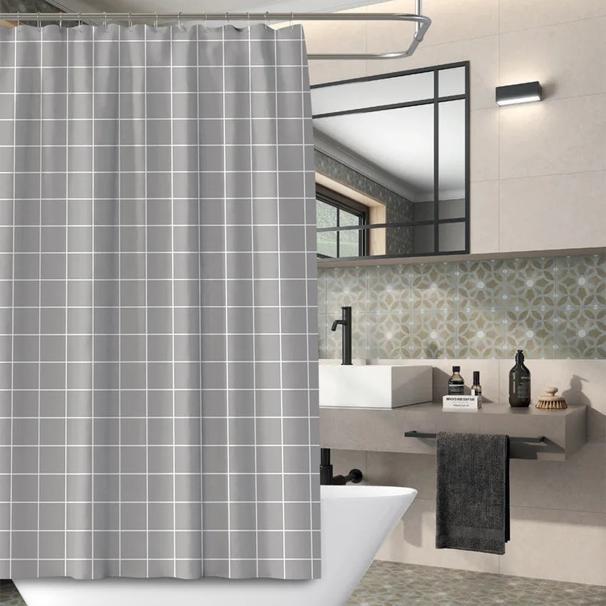 Modern Gray Check Stripe Polyester Waterproof Shower Curtain