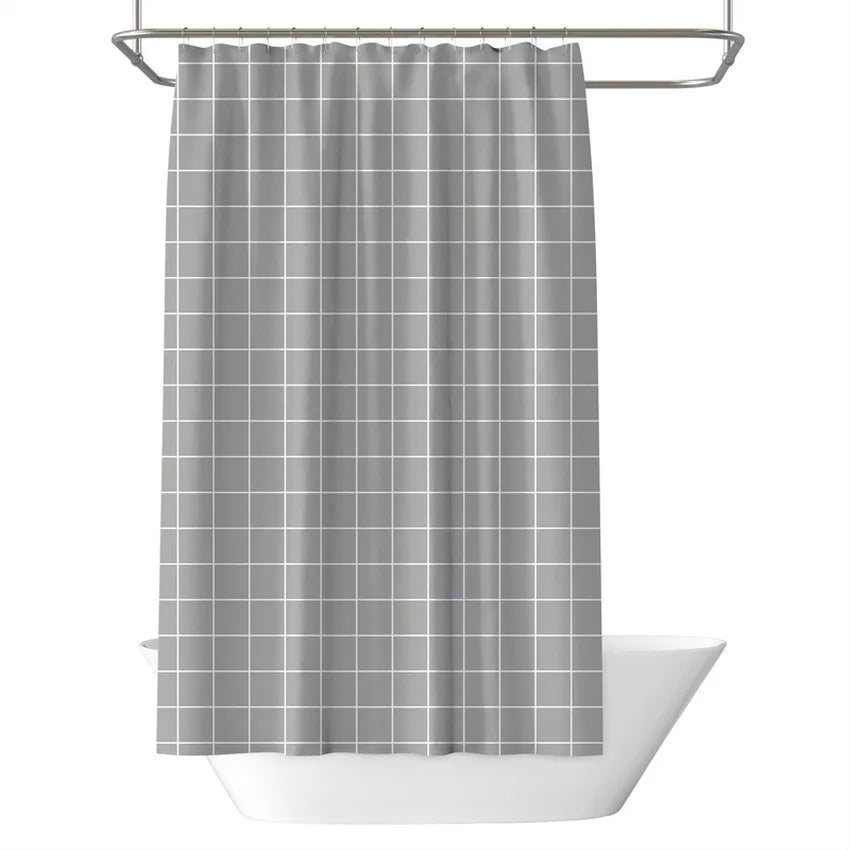 Modern Gray Check Stripe Polyester Waterproof Shower Curtain