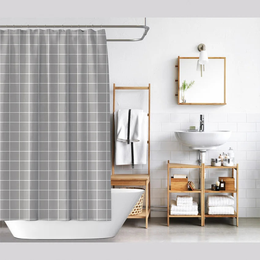 Modern Gray Check Stripe Polyester Waterproof Shower Curtain