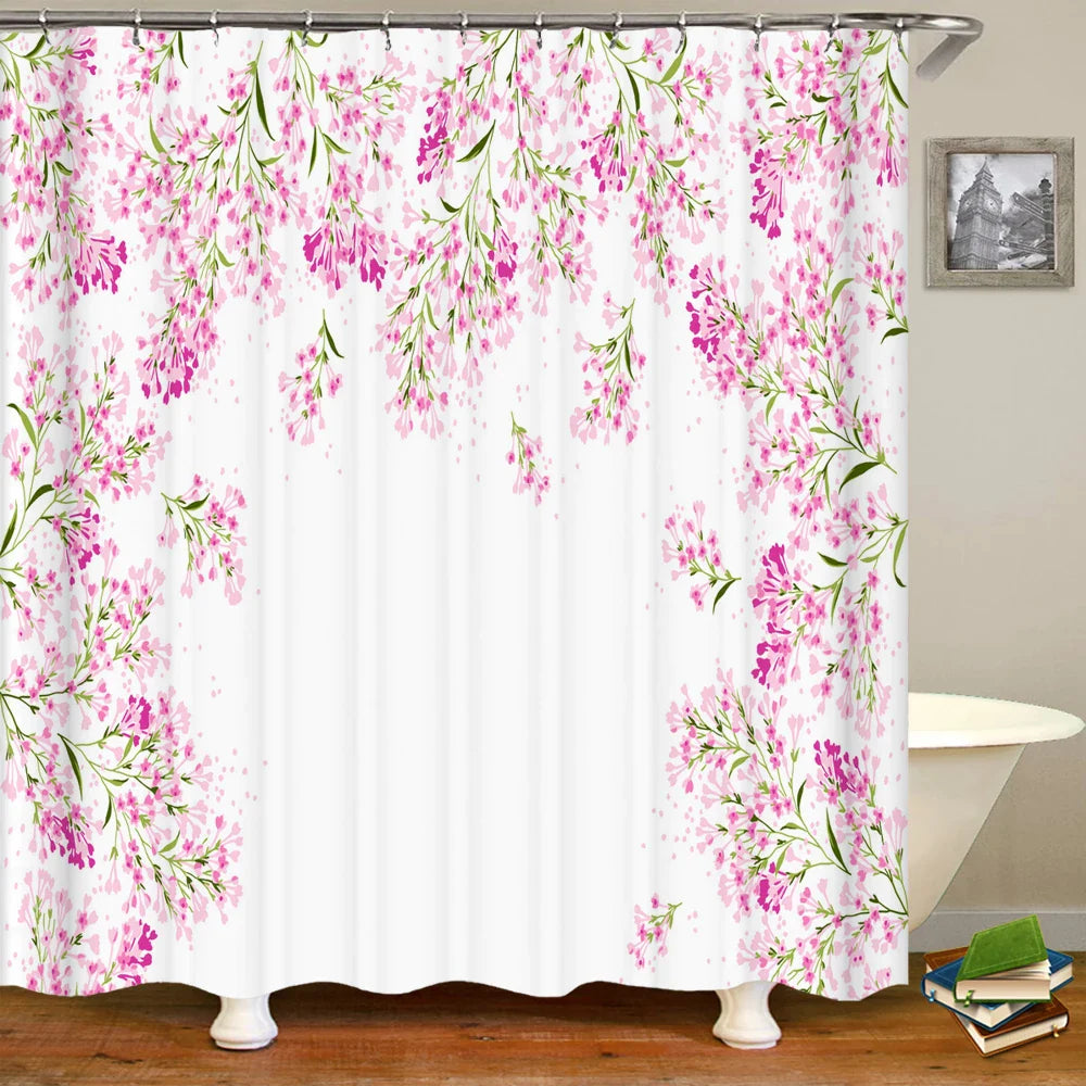 Soft Pink Flower Shower Curtain with Hooks