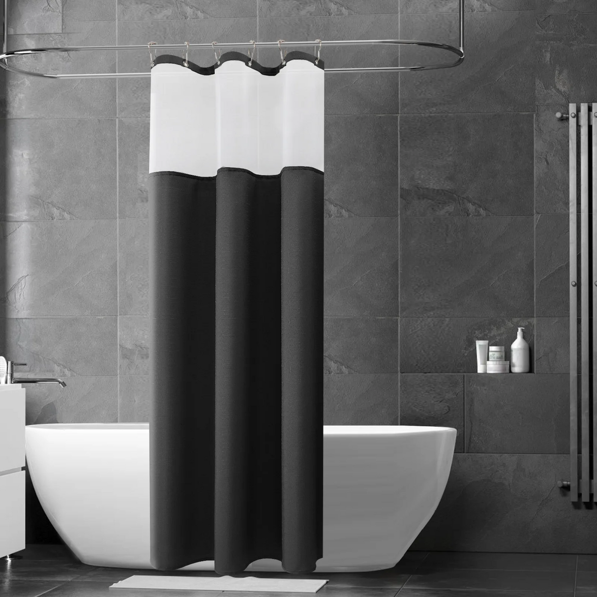 Black Double Layer Shower Curtain Waterproof with Silver Metal Hooks