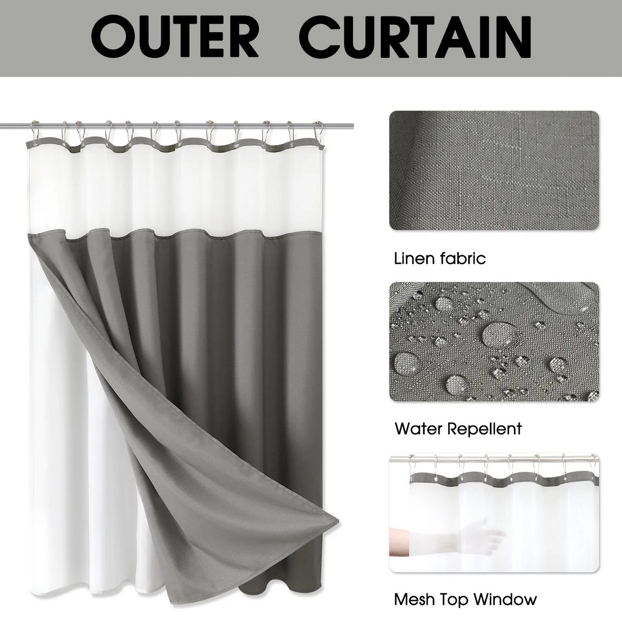 Gray Double Layer Shower Curtain Waterproof with Silver Metal Hooks