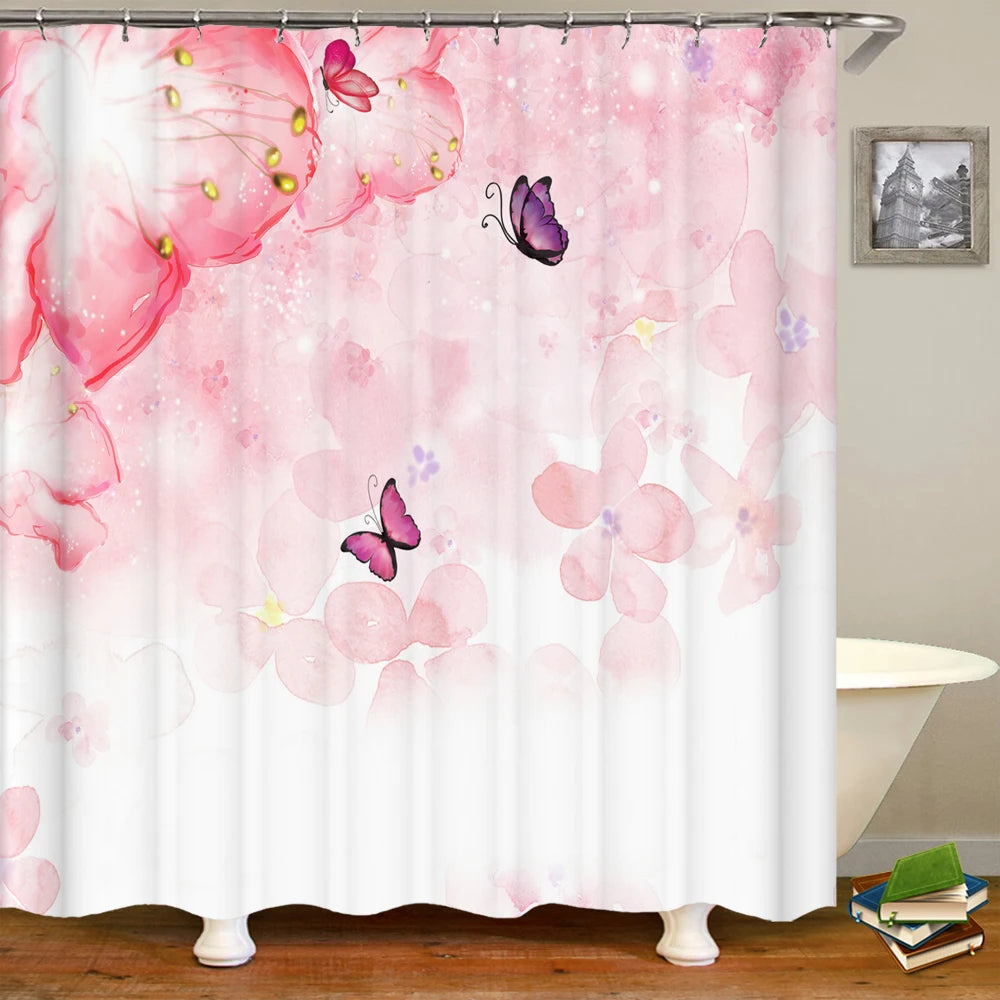 Pink Peach Blossom Waterproof Polyester Shower Curtain with Hooks
