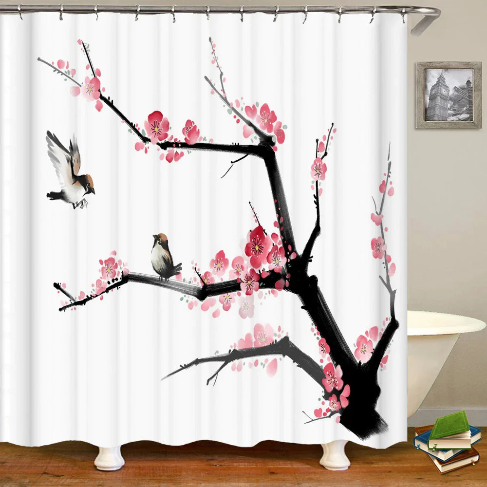 Blushing Blossom Waterproof Shower Curtain with Hooks