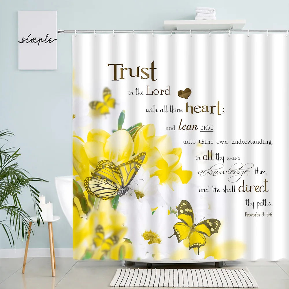 White Daisy Yellow Butterfly Flower Shower Curtain - Tranquil Bloom