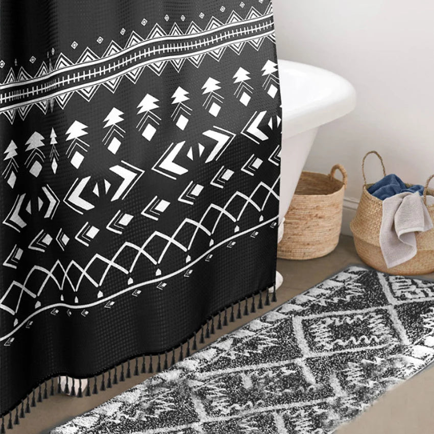 Rustic Geometric Black Shower Curtain, Waterproof Polyester
