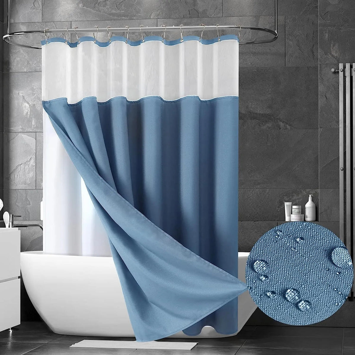 Blue Double Layer Shower Curtain Waterproof with Silver Metal Hooks ...