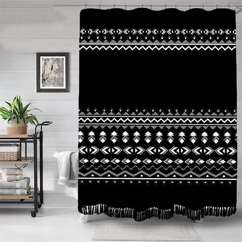 Rustic Geometric Black Shower Curtain, Waterproof Polyester