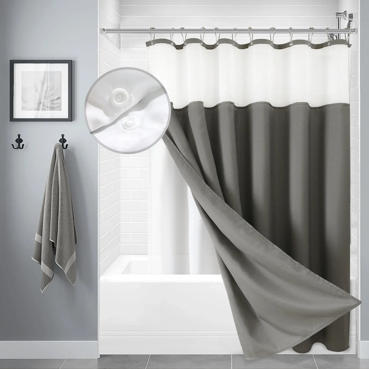 Gray Double Layer Shower Curtain Waterproof with Silver Metal Hooks