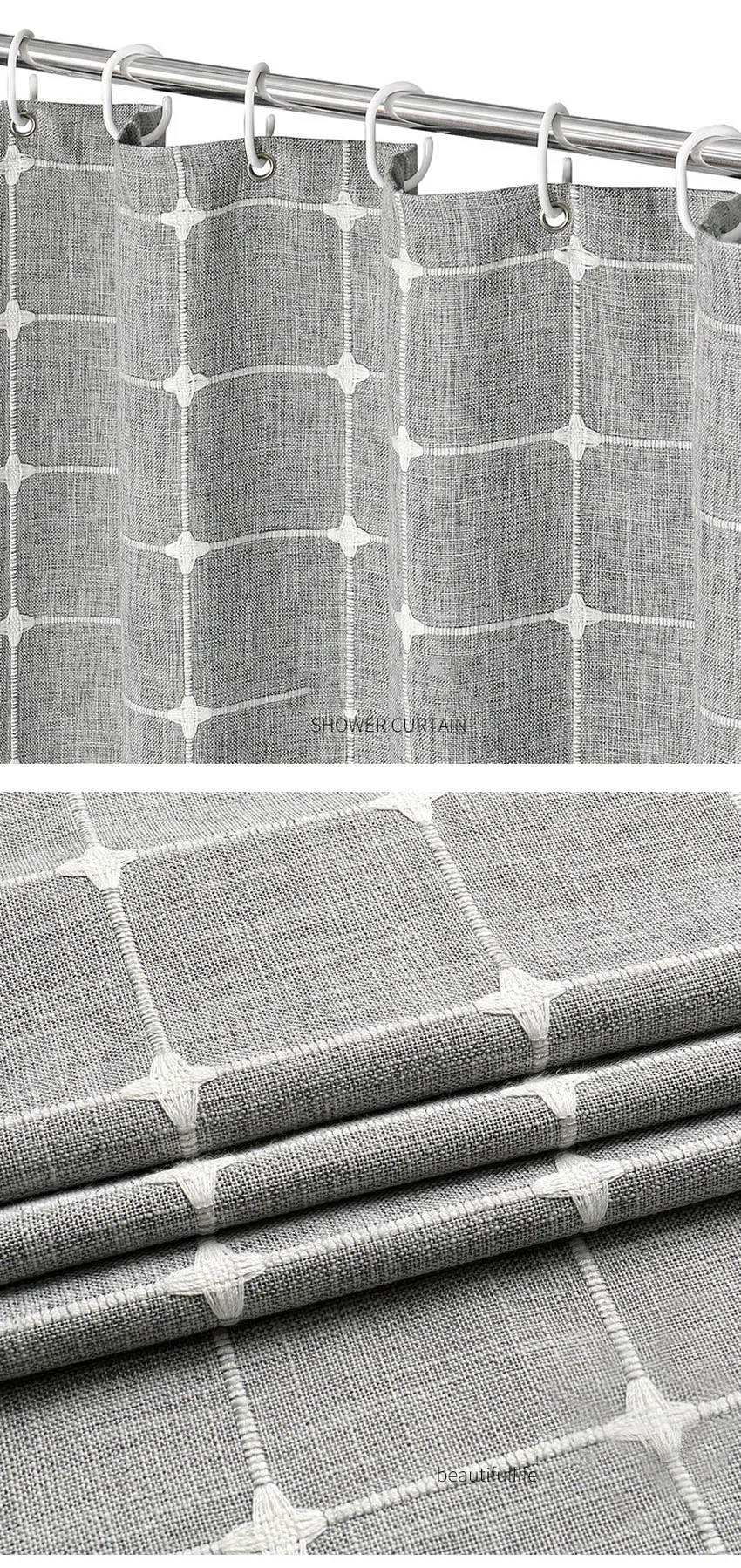 Nordic Gray Jacquard Linen Shower Curtain with Tassel Trim