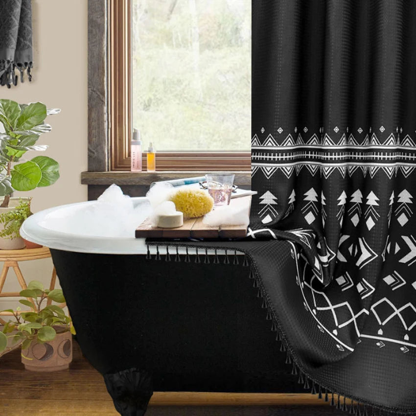 Rustic Geometric Black Shower Curtain, Waterproof Polyester