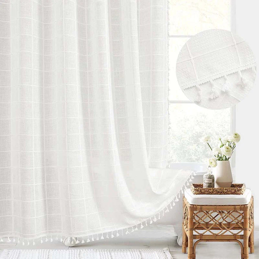 White Nordic Waterproof Jacquard Linen Shower Curtain with Tassels