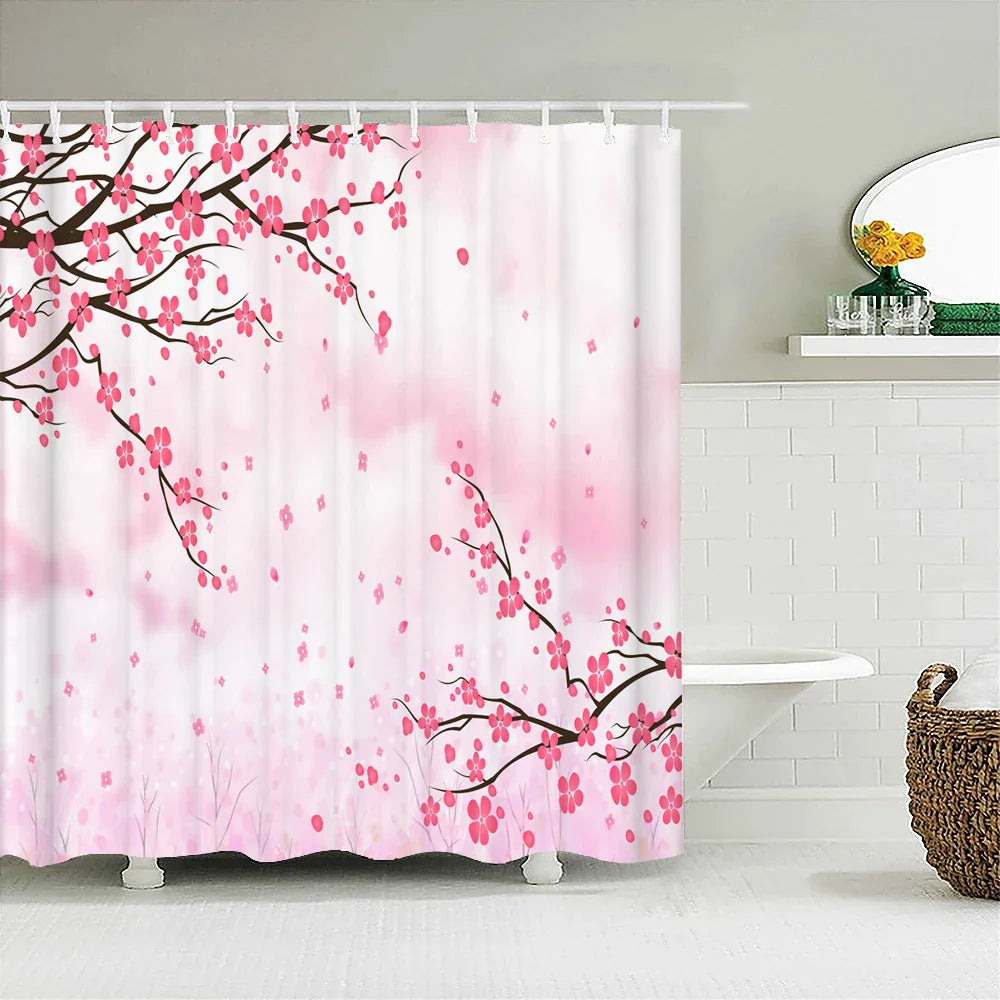 Pink Petal Waterproof Shower Curtain with Hooks