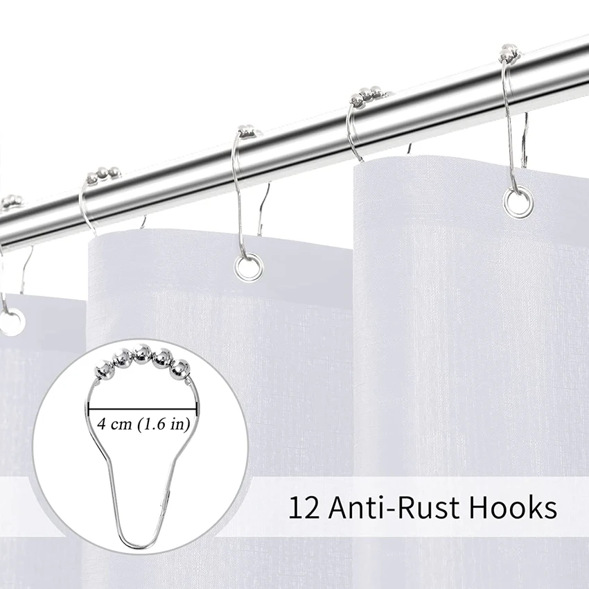 White Waterproof Shower Curtain with Silver Metal Hooks