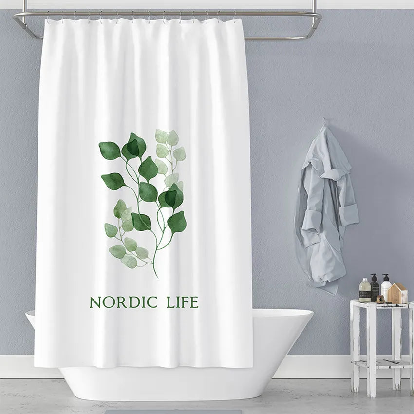 White Plant Pattern Polyester Waterproof Shower Curtain
