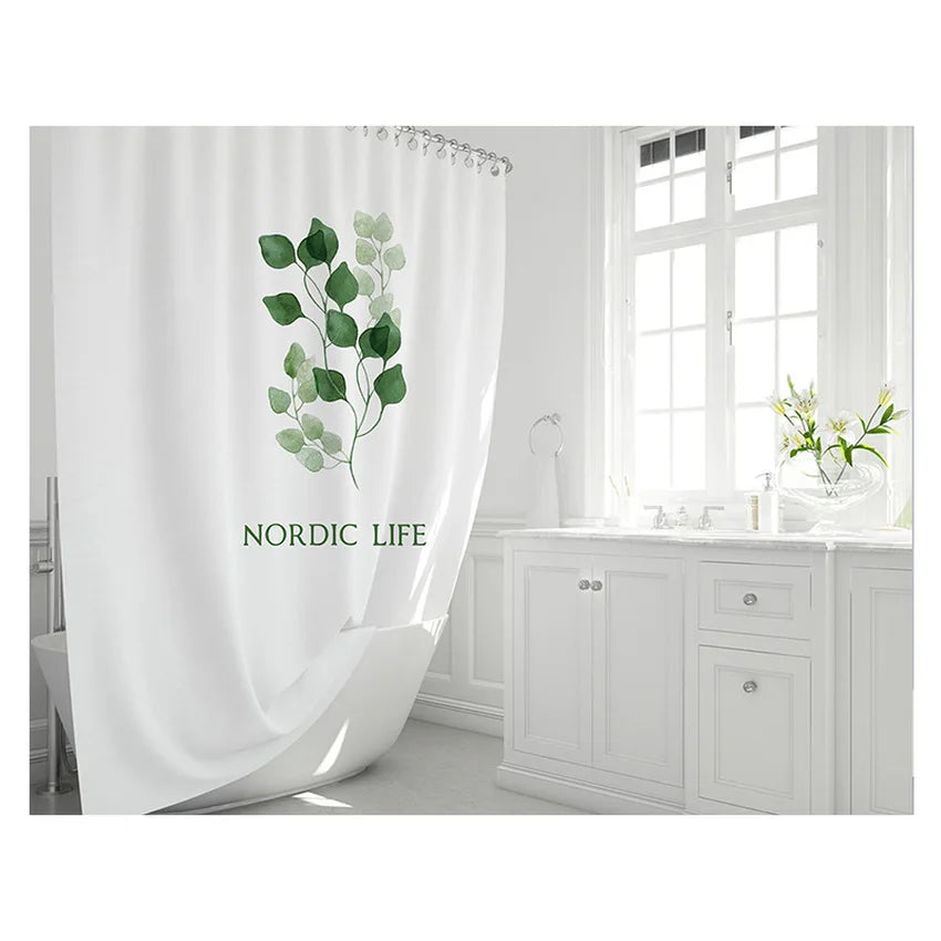 White Plant Pattern Polyester Waterproof Shower Curtain