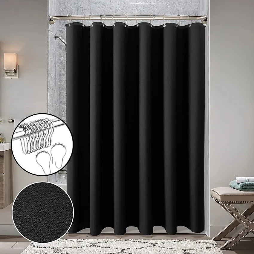 Black Waterproof Shower Curtain with Silver Metal Hooks