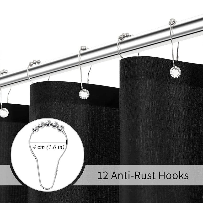 Black Waterproof Shower Curtain with Silver Metal Hooks