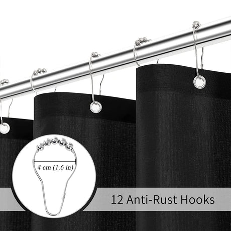 Black Waterproof Shower Curtain with Silver Metal Hooks