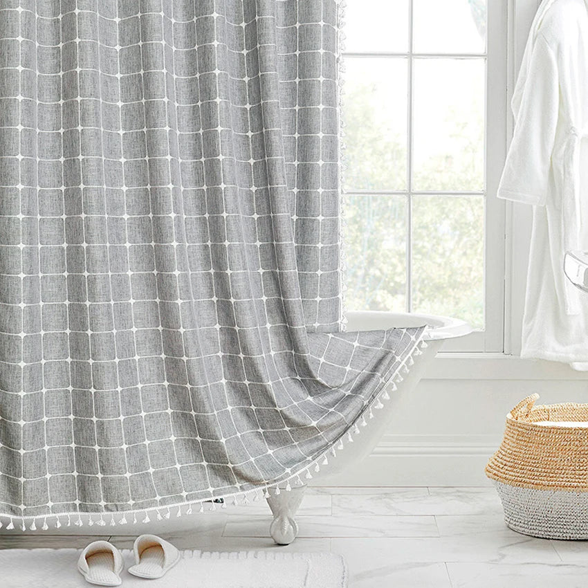 Nordic Gray Jacquard Linen Shower Curtain with Tassel Trim
