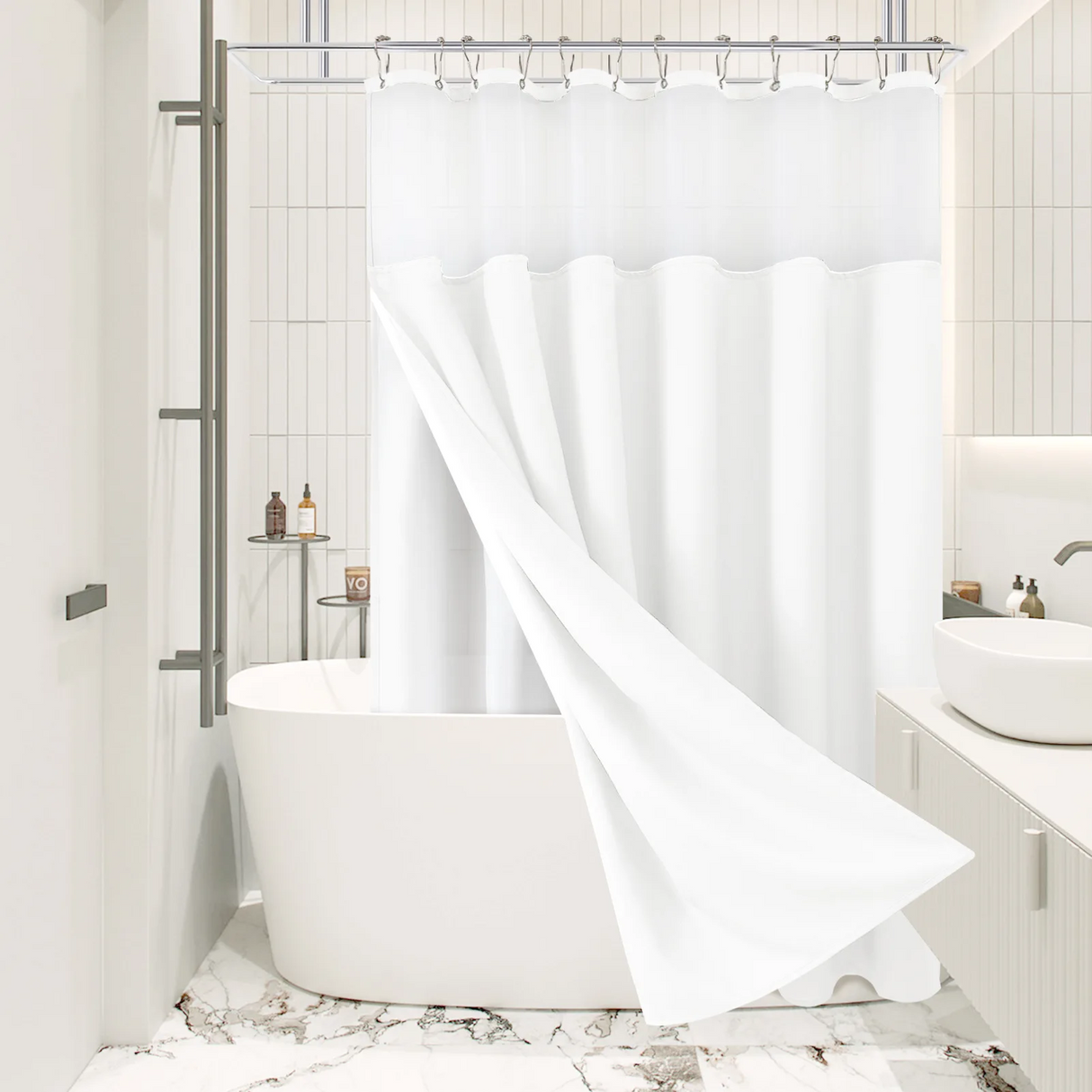 White Double Layer Shower Curtain Waterproof with Silver Metal Hooks