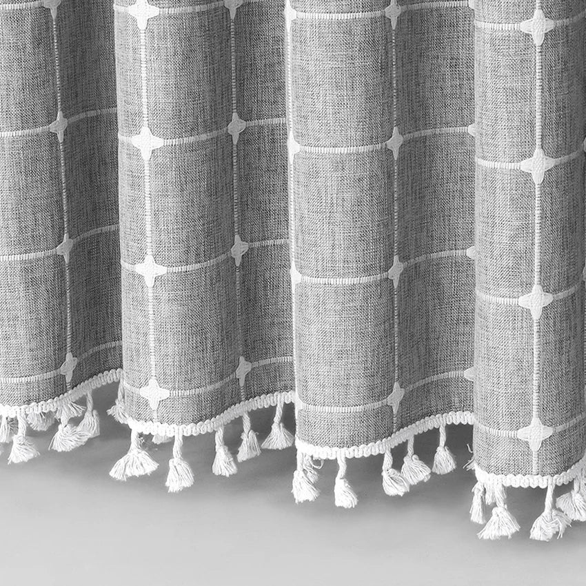 Nordic Gray Jacquard Linen Shower Curtain with Tassel Trim