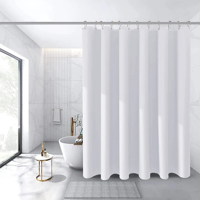 White Waterproof Shower Curtain with Silver Metal Hooks